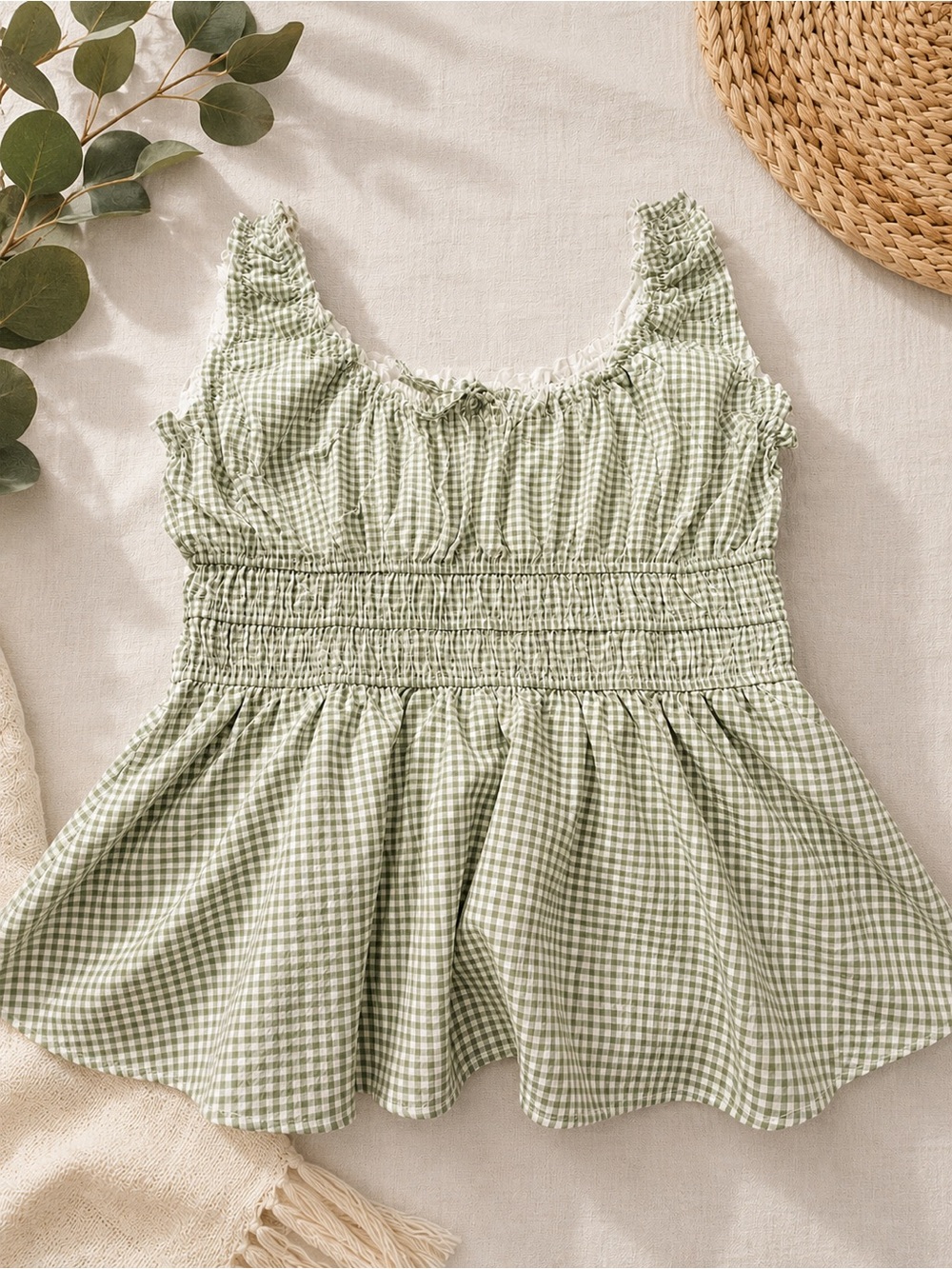 Women’s Sage Gingham Smocked Tank Top